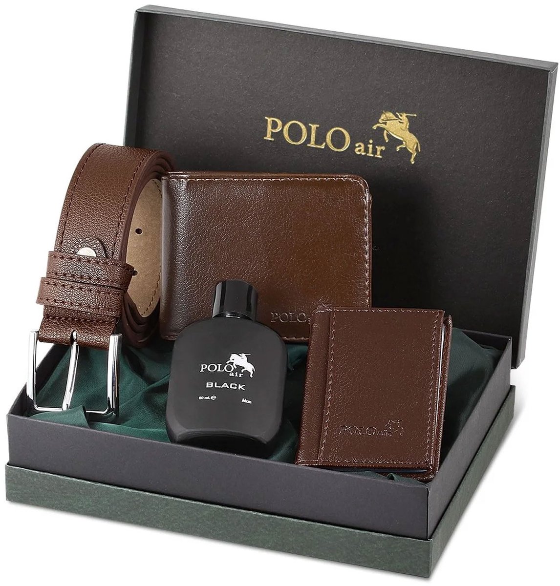 Jungengel Polo Air Cadeauset voor Mannen - 4-delig - Riem Portemonnee Pasjeshouder en Parfum 50ml - Luxe Geschenkset Donkerbruin