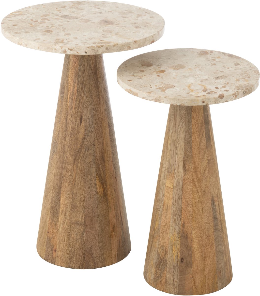 J-Line bijzettafel Rond Marmer - hout - beige/bruin - set van 2