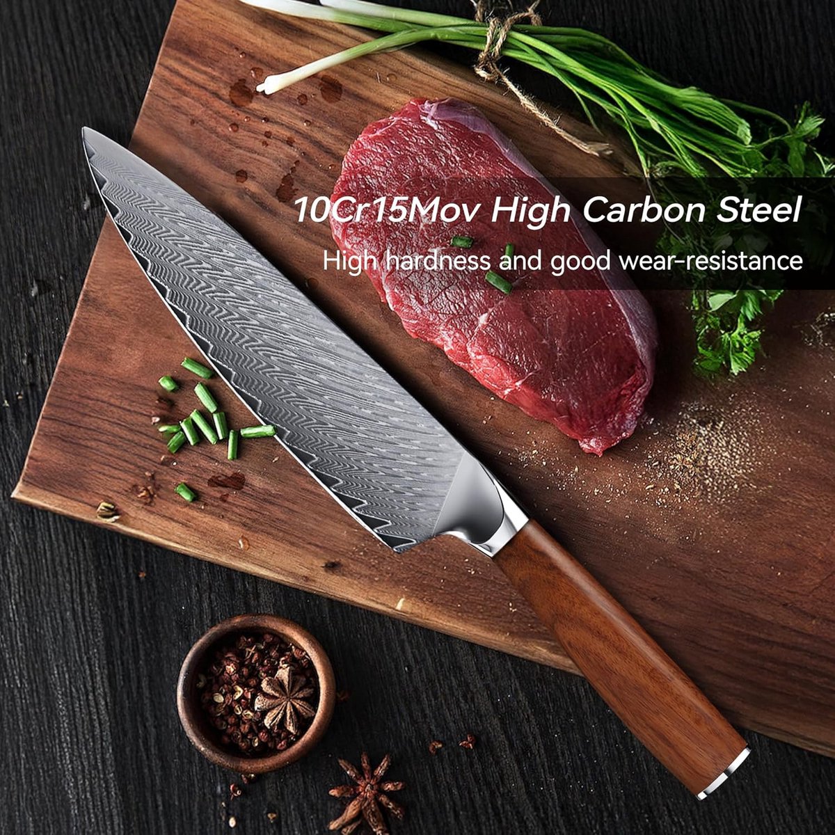 Japans Damast Koksmes 20 cm - VG10 Koolstofstaal Kern & Ergonomisch Houten Handvat