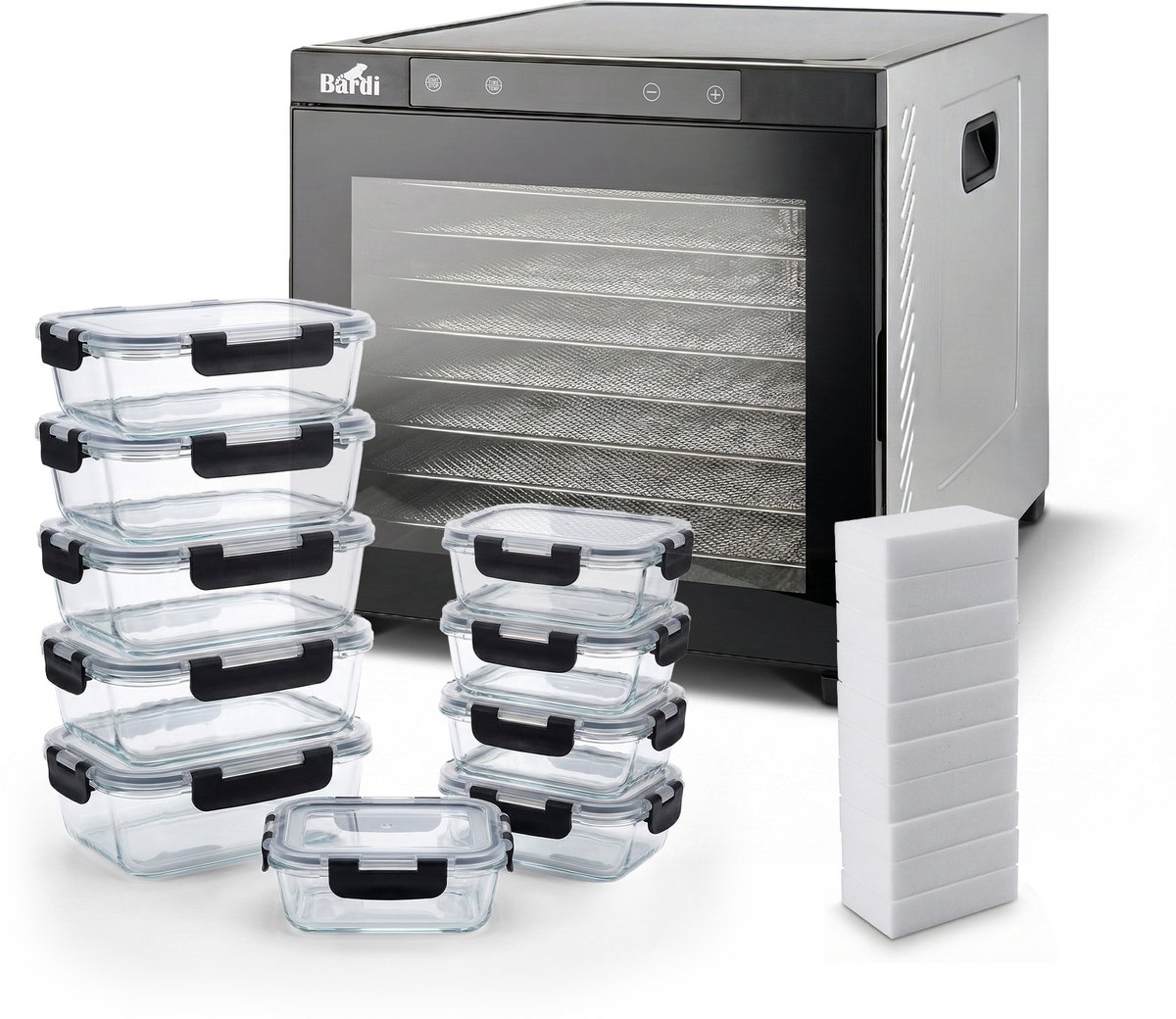 BARDI Professionele 10 Laags Voedseldroger - Dehydrator - Droogoven RVS - 24-Uurs Timer - Led-bedieningspaneel - 1000 Watt Met 10 delige glazen meal prep bakjes en 10 wondersponzen