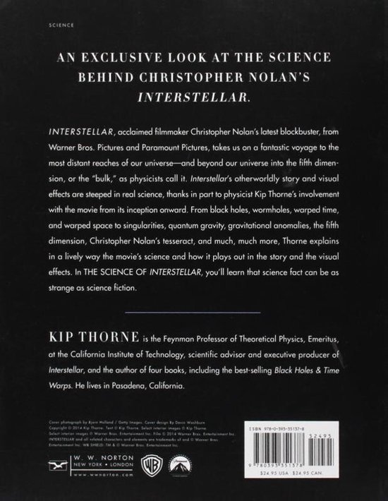 Achterkant boek "The Science of Interstellar" met tekst over de wetenschap achter Interstellar en de auteur Kip Thorne.