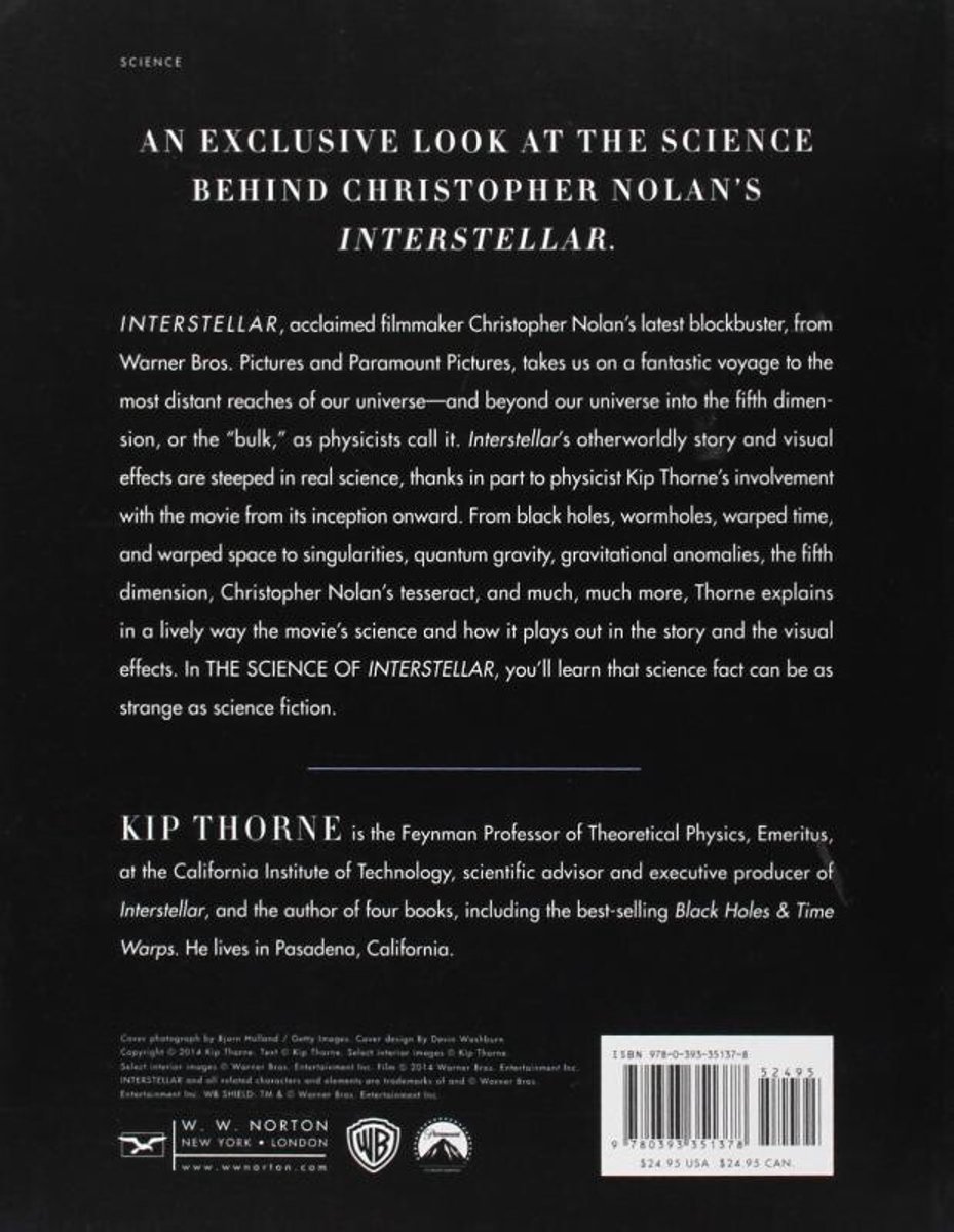 Achterkant boek "The Science of Interstellar" met tekst over de wetenschap achter Interstellar en de auteur Kip Thorne.