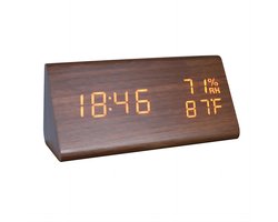 Ynkkvre - Digitale Wekker met Temperatuur en Vochtigheid - Houtlook Klok - Klapfunctie - USB Voeding - 3 Alarmen - Voor Nachtskastje en Kantoor - Modern Design - Bruin