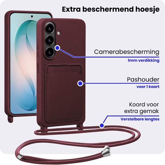 Bordeauxrode telefoonhoes met kaarthouder en koord, met pijlen die camerabescherming, kaarthouder en koord aangeven.