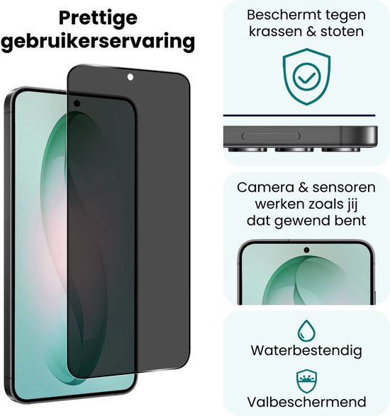 Screenprotector met privacy filter, beschermt tegen krassen, water- en valbestendig.