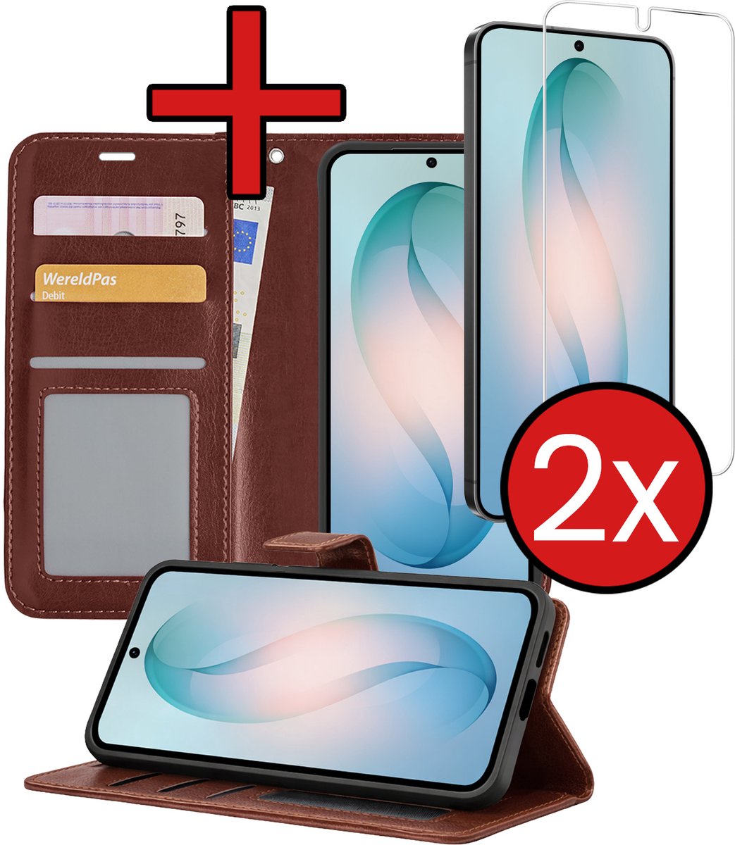 Hoesje - Met 2x Screenprotector - Geschikt voor Samsung Galaxy S26 - Luxe Pasjeshouder - Flip Case - Bookcase Portemonee - Kunstleer Book Case - Flipcase Hoes - Book Cover - Walletcase - Portemonneehoes - Telefoonhoes - Bruin