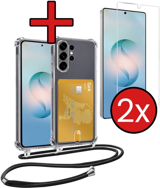 Hoesje Geschikt voor Samsung S26 Ultra Hoesje Met Telefoonkoord en Pasjeshouder Met 2x Screenprotector Siliconen - Hoes Geschikt voor Samsung Galaxy S26 Ultra Hoesje Met Kaarthouder Shock Proof Case - Transparant