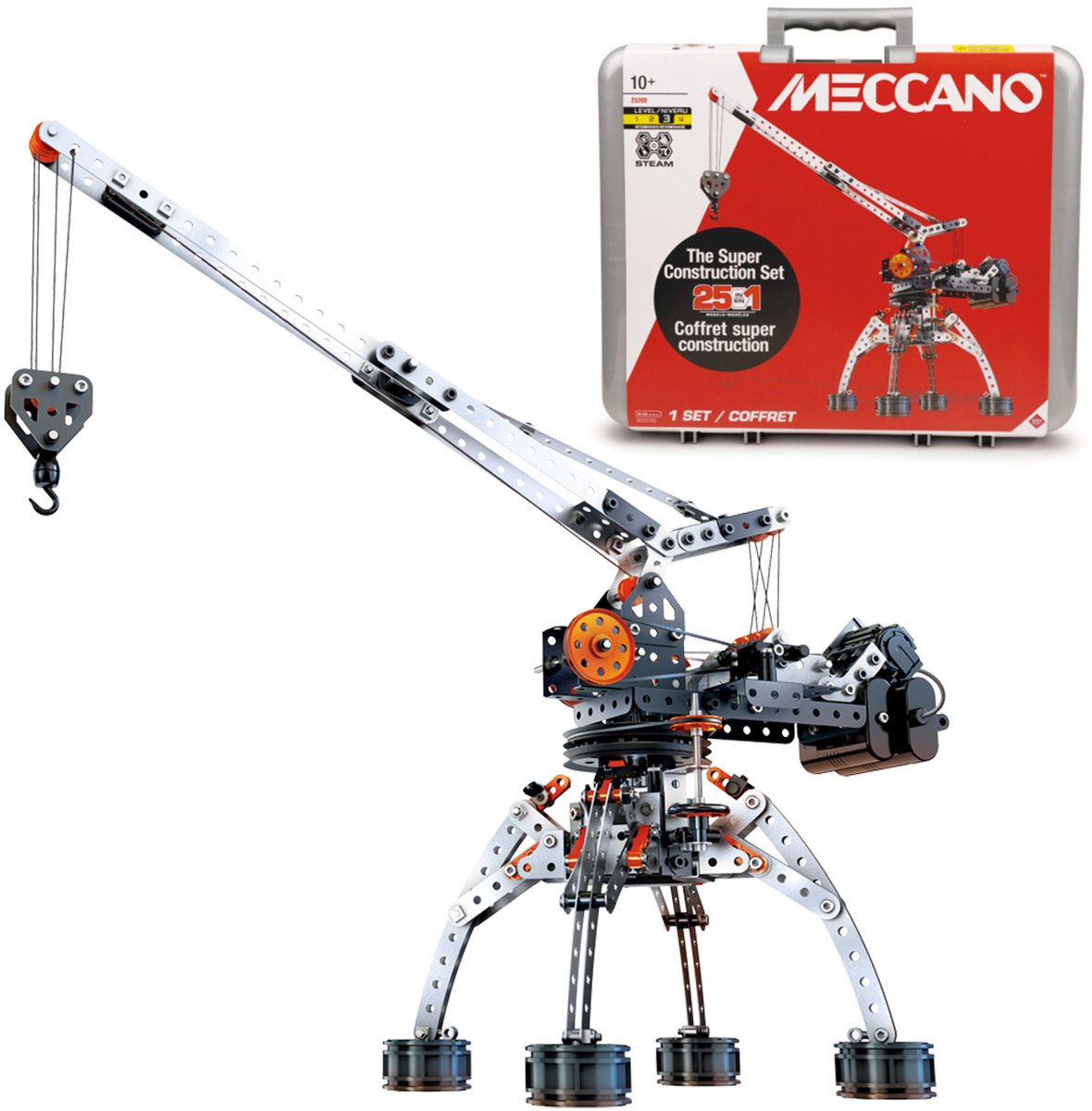 Bandai - Meccano Super Construction 25 in 1 - Opbergkoffer - 638 stuks, motor, gereedschap, instructies - Montage Activiteitenset 25 Modellen voertuigen, machines - Kinderspeelgoed 10 jaar en + - APM11107