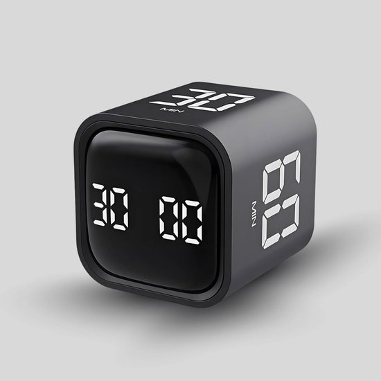 Zwarte kubustimer met digitale weergave van 30:00 minuten op de voorkant en zijkant.