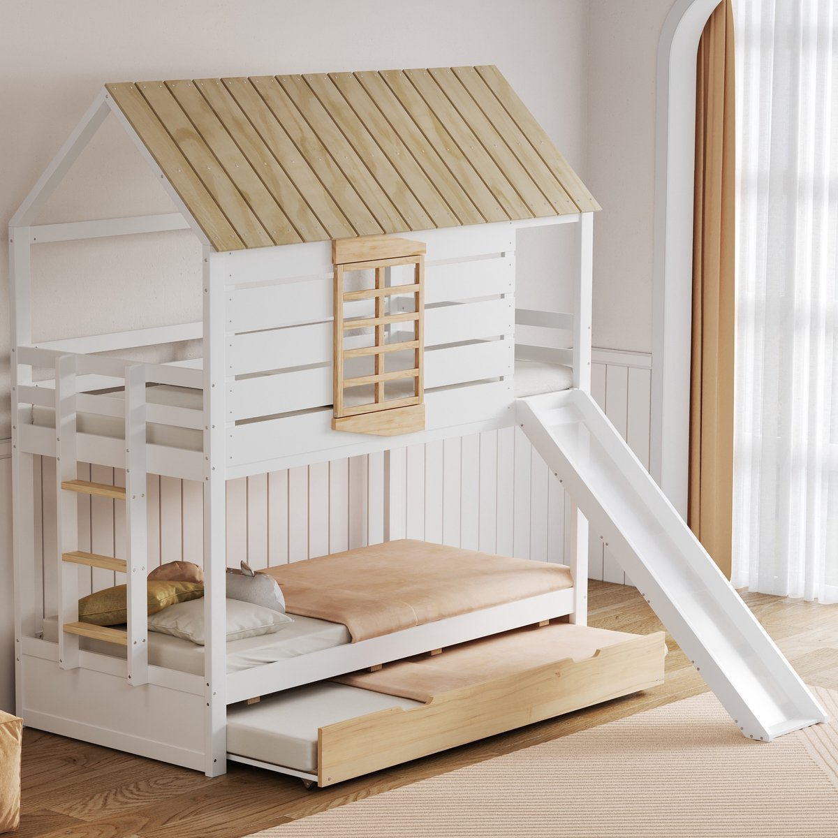 STILVORA Stapelbed 90x200 Cm – Huisvorm Met Glijbaan En Uitschuifbed – Veilige Hekken En Ladder – Kinderslaapkamer – Hout En Mdf – Zonder Matras – Wit Naturel Natuurhout