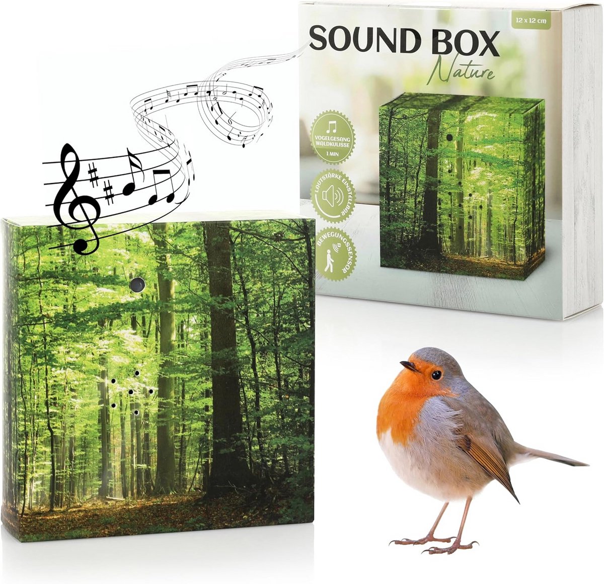 Nordstern Sound Box - Natuurlijke Geluiden en Vogelgezang voor Ontspanning - Muziekdoos met Bewegingssensor en Volumecontrole - 12 x 12 cm