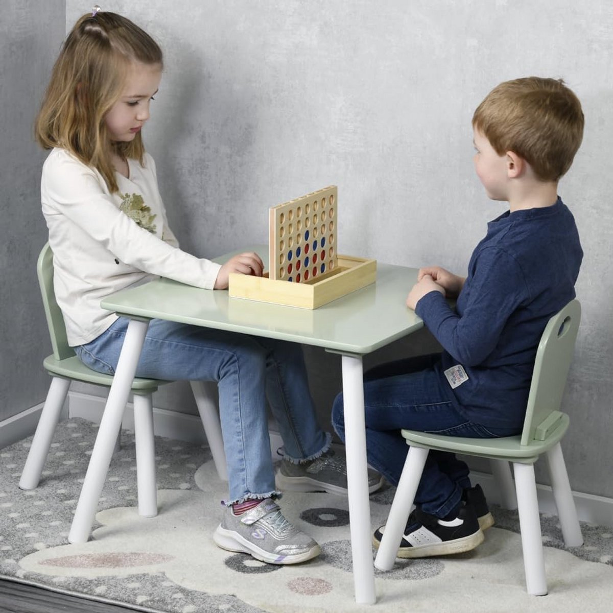 Kindertafel met 2 stoelen, 55 x 55 x 45 cm, wit en sage groen