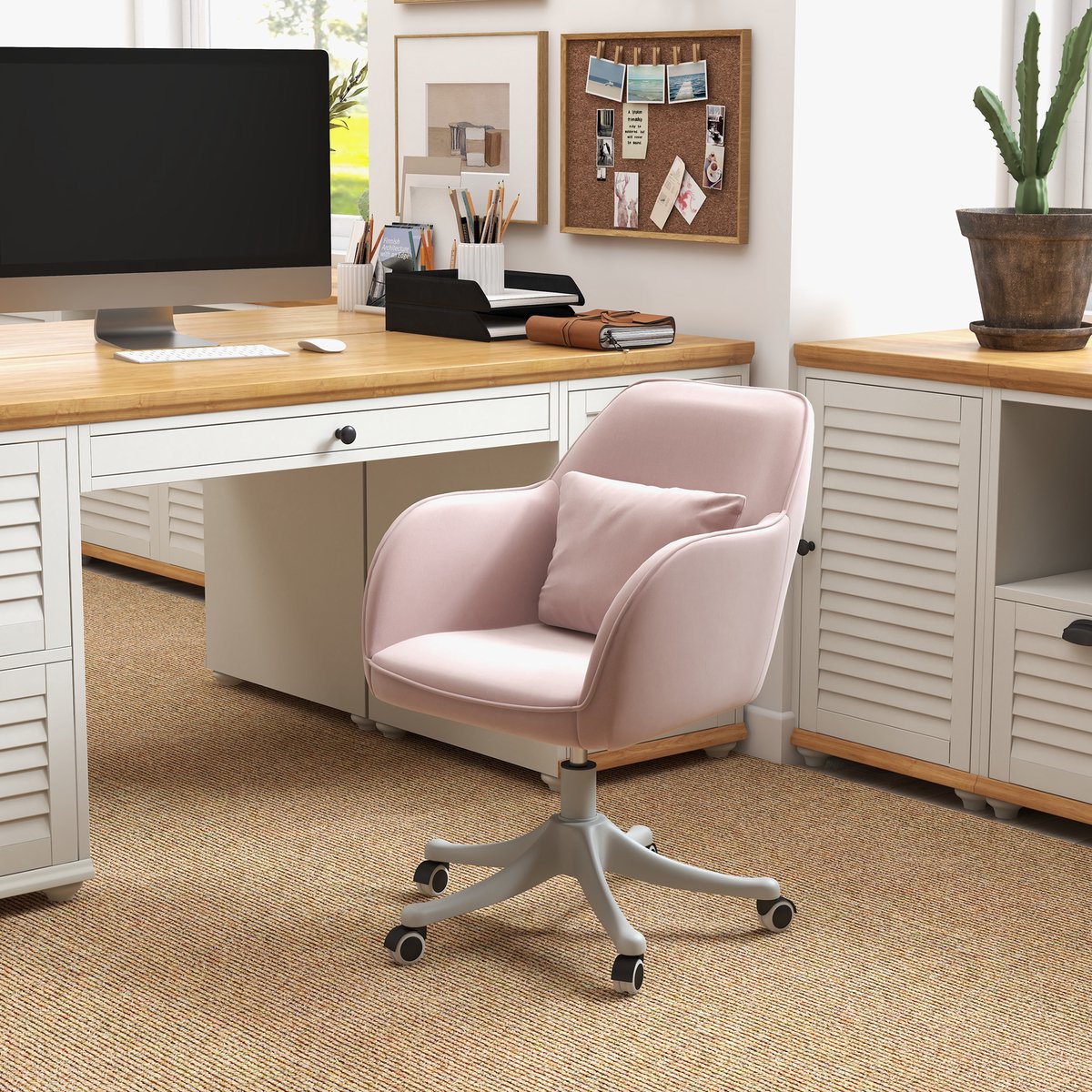 STILVORA Bureaustoel 57x70x78 86 Cm - Vibratiemassage Lendenkussen Met Usb Aansluiting - In Hoogte Verstelbaar En 360 Graden Draaibaar - Velvet - Roze