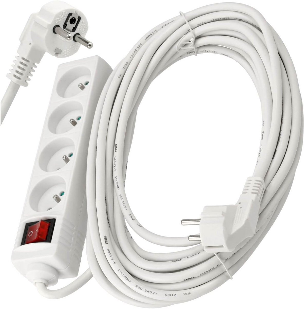 Stroomverlengkabel met 4 stopcontacten en schakelaar - 10 meter - wit