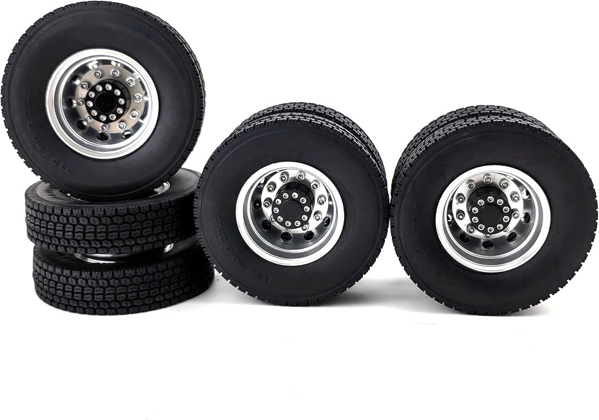 4x Metalen Achterwiel Navenset met Rubberen Banden voor 1/14 RC Tractor Remorque