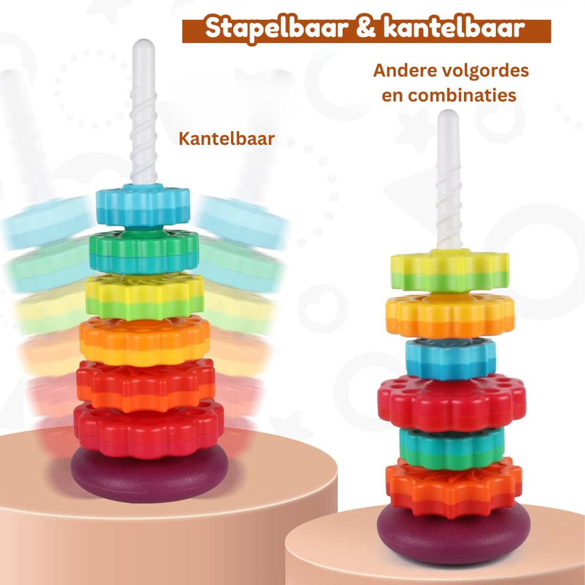 Homeblend Draaiende Stapeltoren - Speelgoed 1 Jaar - Educatief & Sensorisch Babyspeelgoed - Fijne Motoriek & Hand-oogcoördinatie - 6 Multicolor Stapelringen — afbeelding 3