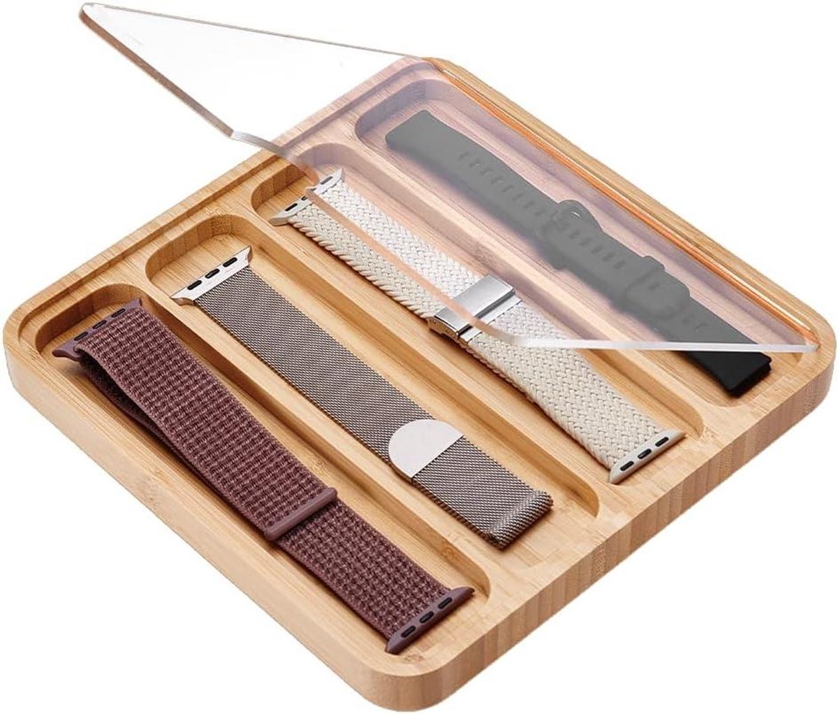 Houten Horlogeband Organizer - Horlogeband Opbergkoffer - 4 Slots - Horloges Strap Organizer Box - Houten Horloges Bands Houder met Clear Deksel - Mannen Vrouwen - Sieraden Opslag Showcase - Geschikt voor - Kleur of model