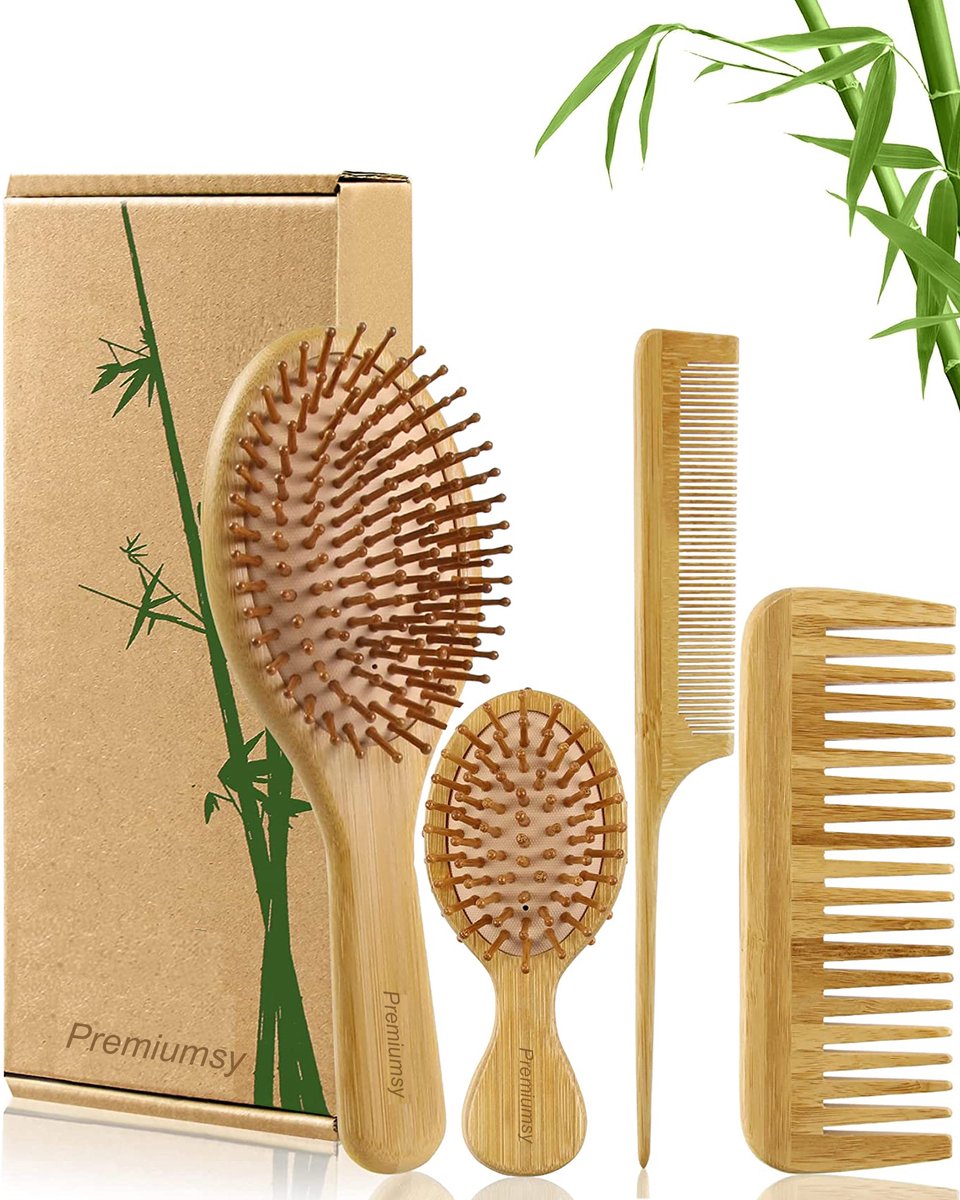 Premiumsy Bamboe Haarborstel en Kam Set - Hoofdhuid Massage Borstel - Haarborstel Antiklit - Hoofdmassage - Haargroei Versneller - Alle Haartypen - Verschillende Maten