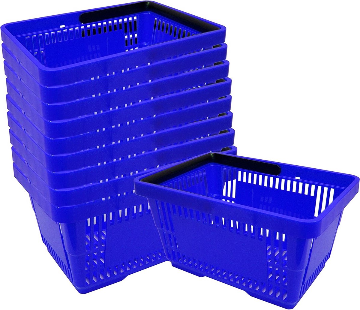 Stapelbare Kunststof Winkelmandjes 20 Liter - Handvatten - 40 cm - Set van 10 - Blauw