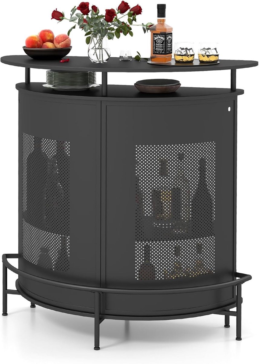 KOMFOTTEU Bartafel met open rek & drankhouders, wijntafel bar counter met 4 niveaus, bartafel keukenbar met voetensteun, 110,5 x 48 x 112,5 cm (halfrond)