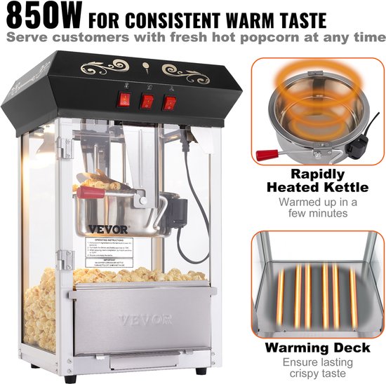 VEVOR Popcornmachine Maker Popcornmachine Popcornmachine Cinema 850W 8oz Zwart — afbeelding 5