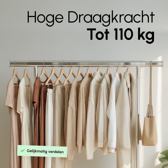 Kledingrek volhangend met kleding. Tekst zegt: Hoge draagkracht tot 110 kg. Gelijkmatig verdelen.