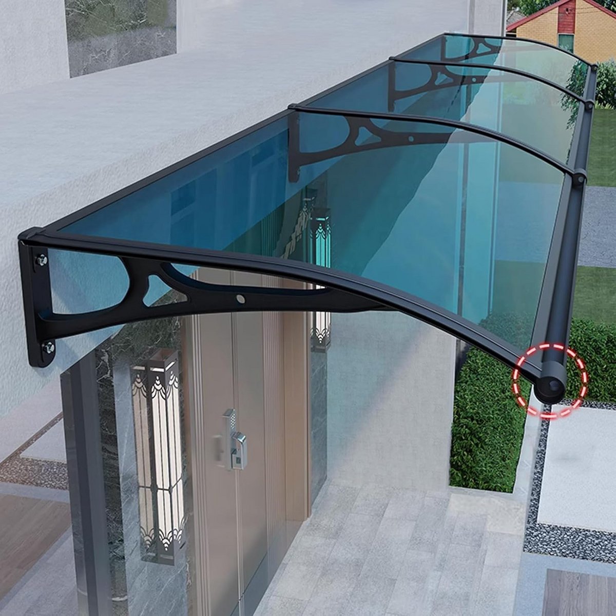 Gebogen deurluifel 60x130cm - Polycarbonaat dakluifel met aluminium beugels - Zwart