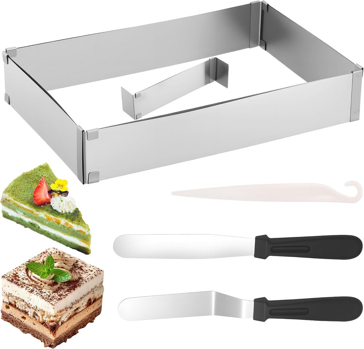 Verstelbaar rechthoekig bakframe roestvrij staal 27x18cm uitbreidbaar tot 52x33cm inclusief scheidingswand en spatels