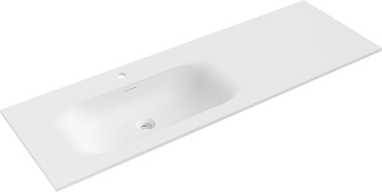 Lavabo blanc de forme allongée, avec une cuve placée à gauche et un trou pour robinet.