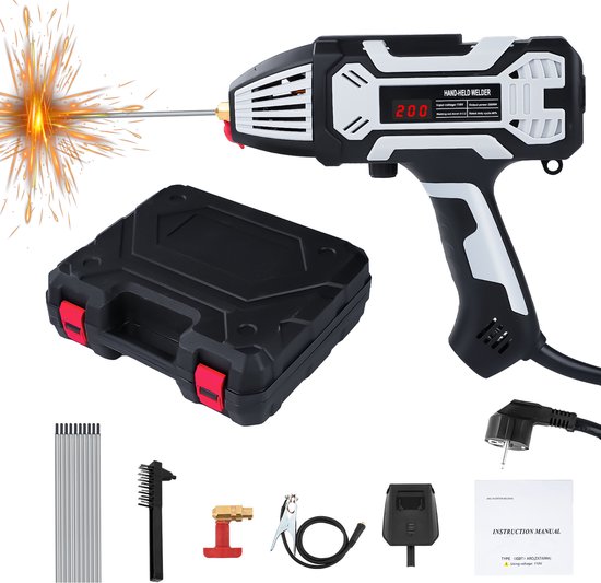 Handheld lasapparaat in zwart en wit, met lasstaven, koffer en accessoires.