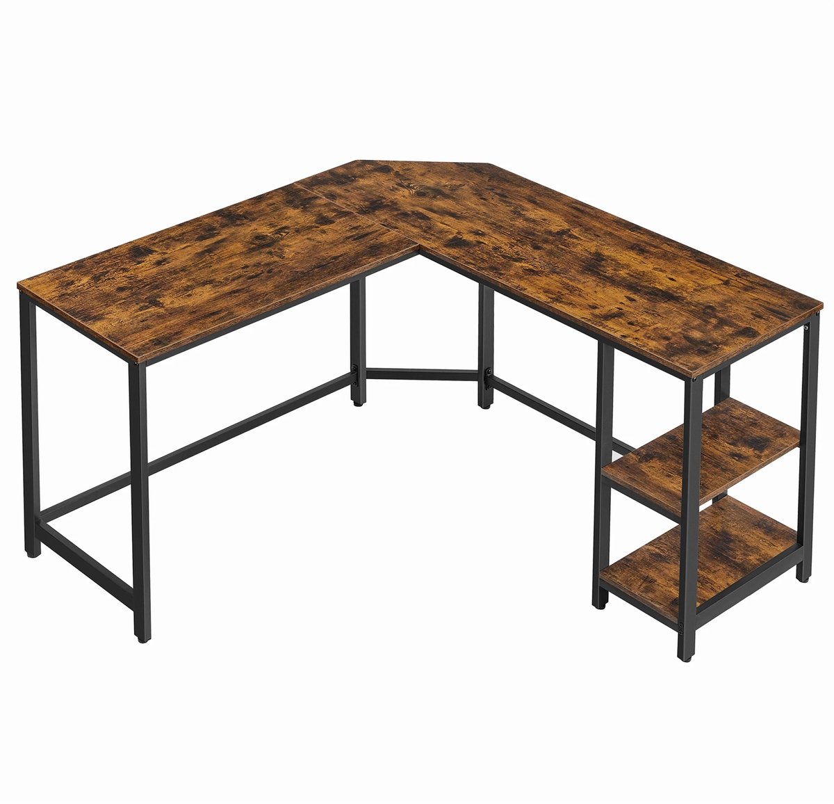 L-vormig bureau – Hout – Bruin en zwart – Ruimtebesparend hoekontwerp met 2 planken
