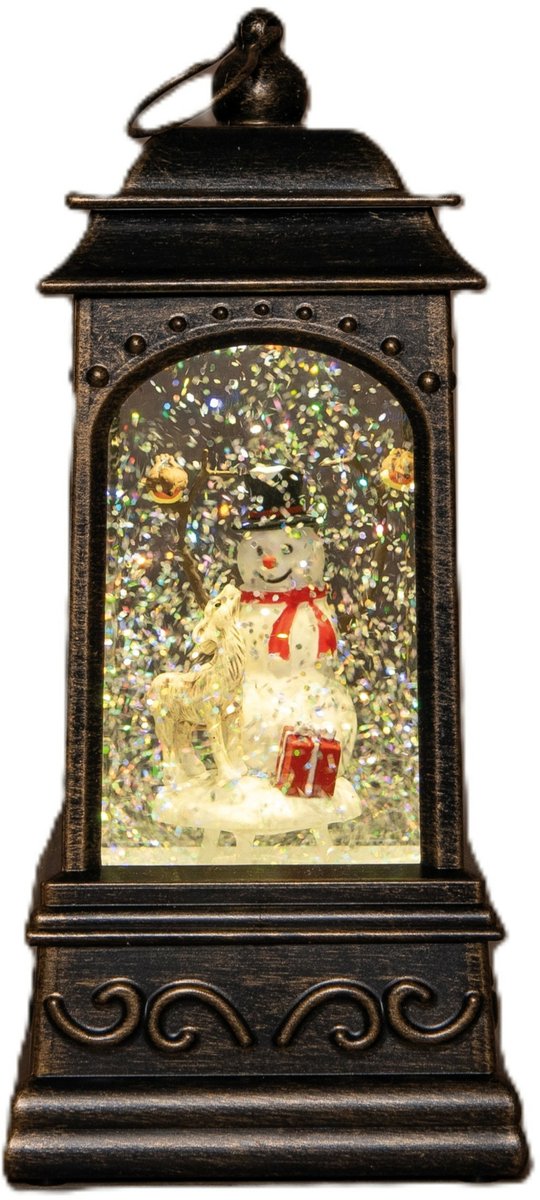Anna's Collection Sneeuwbol/snowglobe glitter lantaarn - sneeuwpop - 9 x 9 x 20 cm - met LED verlichting - kerstlantaarn - kerstversiering