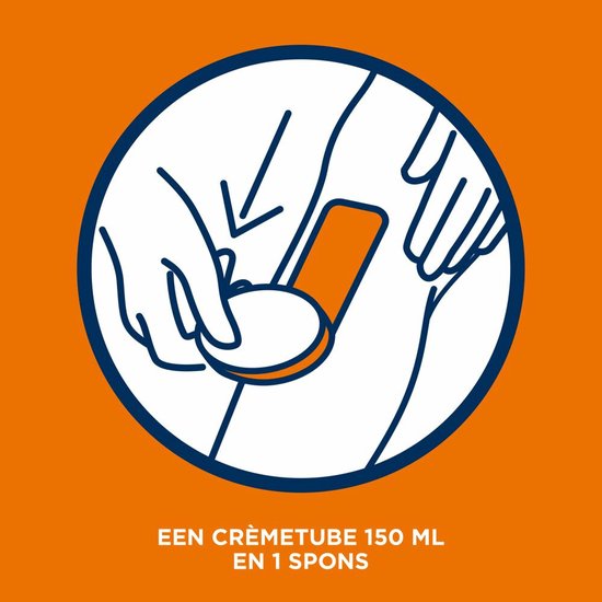 Illustratie van hand die spons gebruikt op huid. Tekst: Een crèmetube 150 ml en 1 spons.