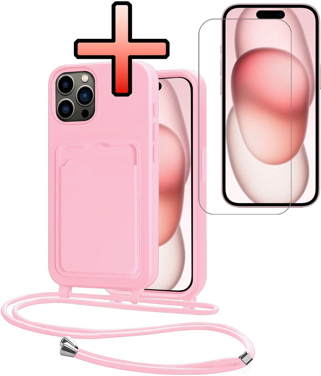 Hoes Geschikt voor iPhone 14 Pro Max Hoesje Pasjeshouder Cover Met Koord Case Siliconen Hoes Met Telefoonkoord en Kaarthouder Met Screenprotector - Lichtroze