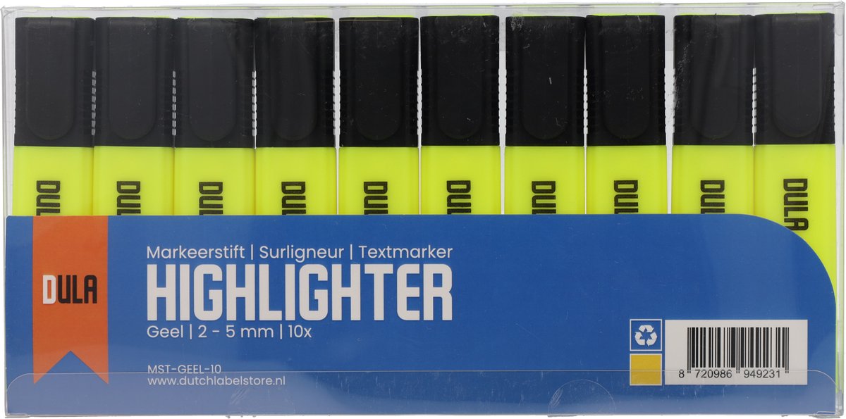 Markeerstiften geel - Markeerstift - Fluostiften - Markeren - 10 stuks - DULA