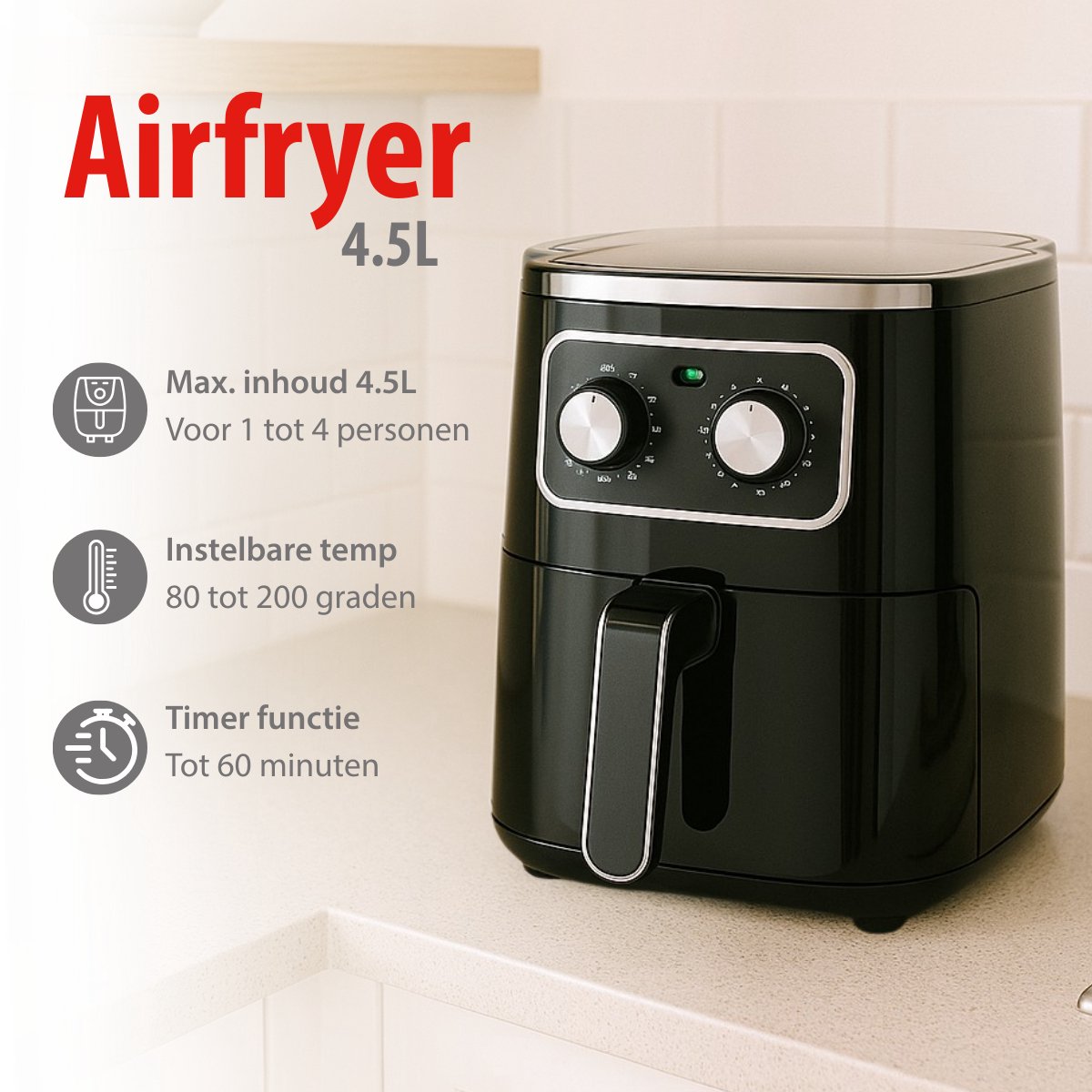 Afbeelding 2 van alpina Airfryer 4.5L - Heteluchtfriteuse 1-4 Personen - Air Fryer met Timer Functie - Instelbare Temperatuur 80 tot 200 Graden - Heteluchtoven 1400W