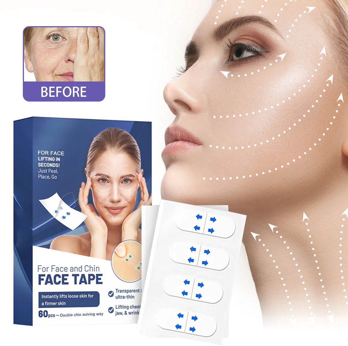 60 Stuks V-Lift Gezichtsticker – Onzichtbare Gezichtstape voor Liftend Effect – Ademend, Slanke Kin Patch voor Lifting, Verstrakking en Anti-Rimpel Gezichtsbehandeling