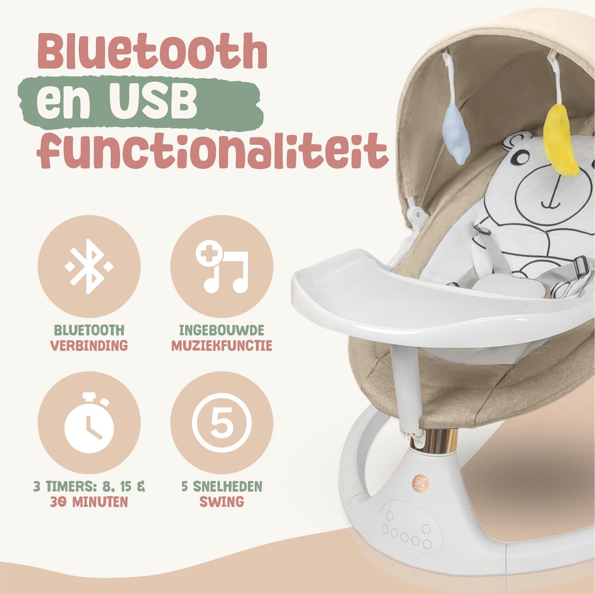 Elovia Elektrische Wipstoel - Muziek en Swing Opties - Khaki thumbnail 5
