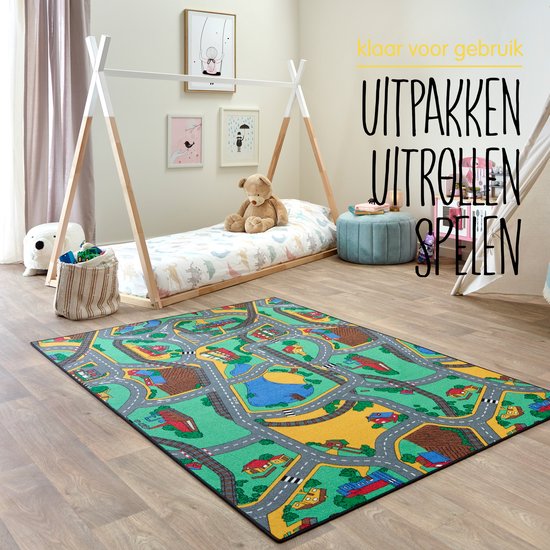 Carpet Studio Playtime Speelkleed - Speelmat 95x200cm - Vloerkleed Kinderkamer - Anti-slip Speeltapijt - Verkeerskleed - Groen/Blauw van Carpet Studio — afbeelding 3