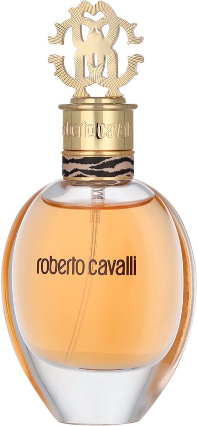 Ronde fles Roberto Cavalli Eau de Parfum met gouden dop en tijgerprint detail.