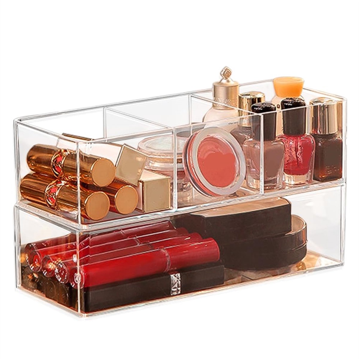 Ynkkvre-Set van 2 Acryl Make-up Organizer Lades – Stapelbare Make-up Opslagdozen – Transparante Cosmetica Organizer voor Kaptafel