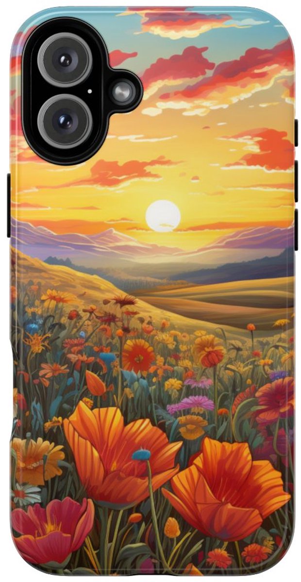 Zonsondergang boven Wilde Bloemenweide – Telefoonhoesje Geschikt voor iPhone 16 Plus