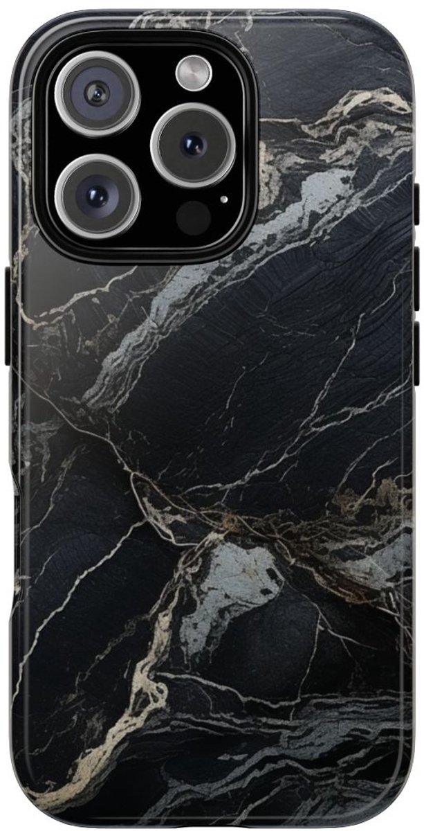Zwarte Marmerstructuur met Witte Adering – Telefoonhoesje Geschikt voor iPhone 16 Pro