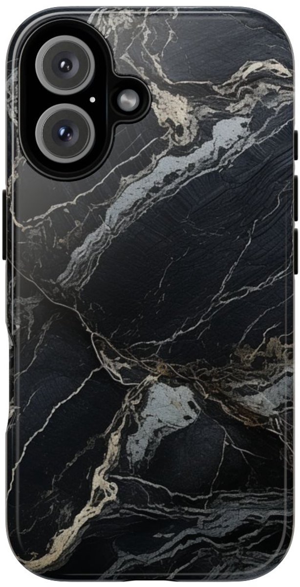 Zwarte Marmerstructuur met Witte Adering – Telefoonhoesje Geschikt voor iPhone 16