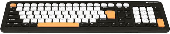 Zwart toetsenbord met witte en oranje toetsen. De spatiebalk, enter en enkele numpad-toetsen zijn oranje.