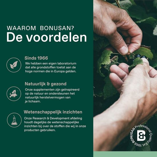 Handen plukken bessen, naast drie iconen met tekst. "Waarom Bonusan? De voordelen".