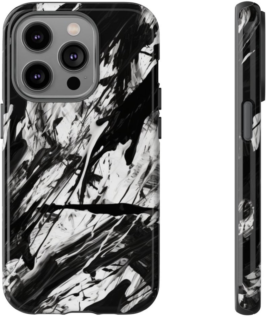 Zwart-Witte Abstracte Penseelstreken – Telefoonhoesje Geschikt voor iPhone 14 Pro