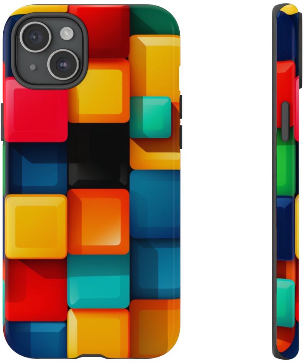 Kleurrijk 3D Vierkantenpatroon – Telefoonhoesje Geschikt voor iPhone 15 Plus