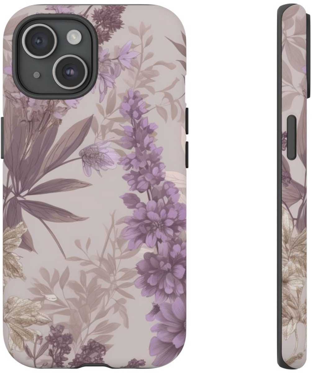 Lila Bloemenpatroon met Matte Afwerking – Telefoonhoesje Geschikt voor iPhone 15