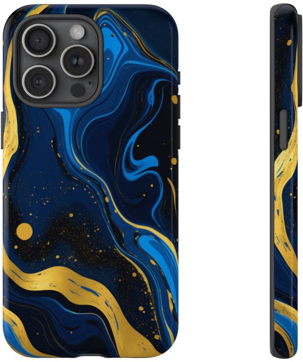 Neonblauw en Goud Marmer Abstract – Telefoonhoesje Geschikt voor iPhone 15 Pro Max